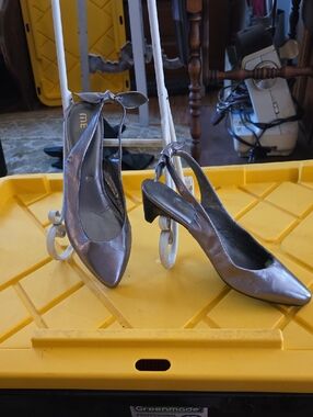 me too Metallic Silver Slingback Heels with Ankle Bow